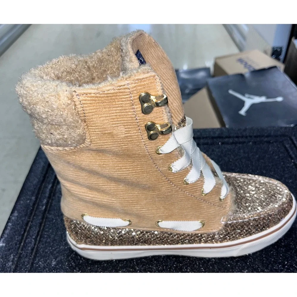 Sperry Top-Sider Acklins Gold Glitter Corduroy Faux Fur Boots Tan Womens 7M